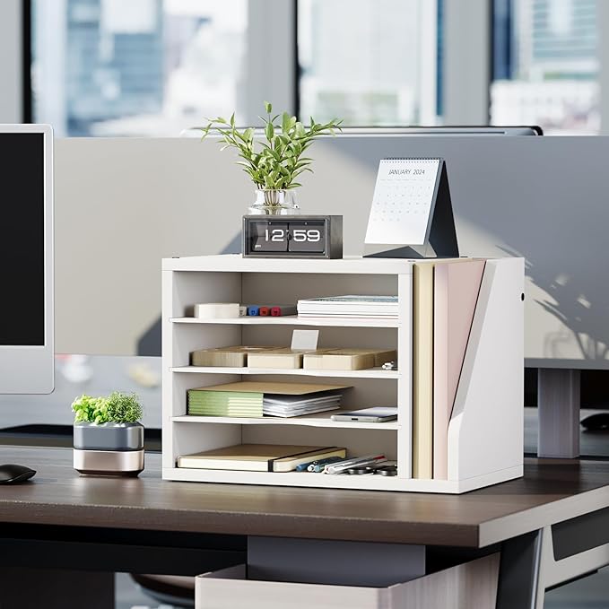 File Organizer Desktop, Wood Desk Organizer with 3 Adjustable Shelves, Mail Paper Sorter for Office, Home, File Holders for Envelopes, Mail Supplies or Magazines, White