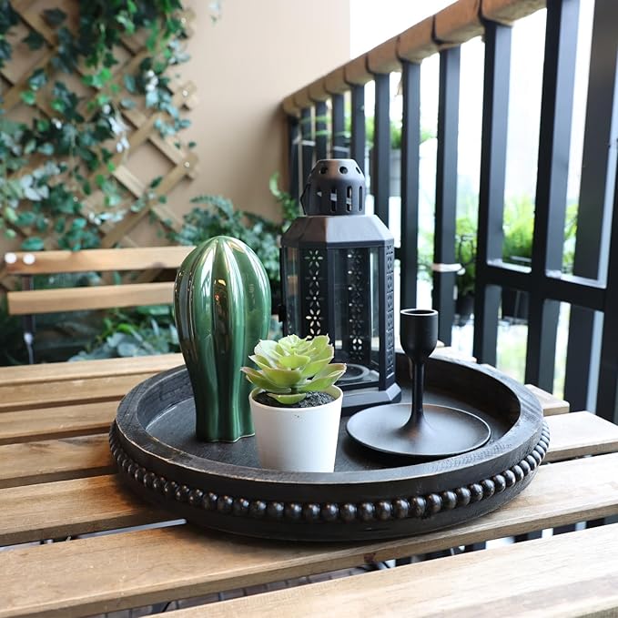 Round Wooden Serving Tray with Beads, Circle Vintage Black Wood Coffe Table Tray for Dining Room Table Centerpiece, Kitchen Counter