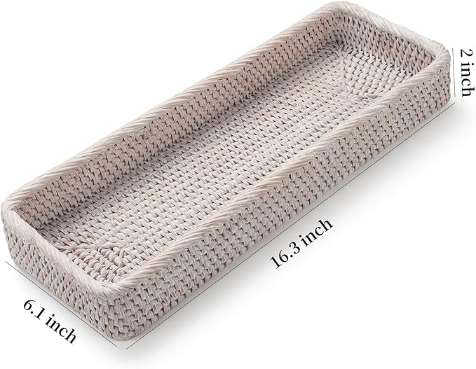 Rattan Bathroom Vanity Tray, Toilet Tank Basket Tray for Paper Hand Towel, Bathroom Counter Tray for Organizing and Decor (Whitewash, 16.3" x 6.1" x 2")