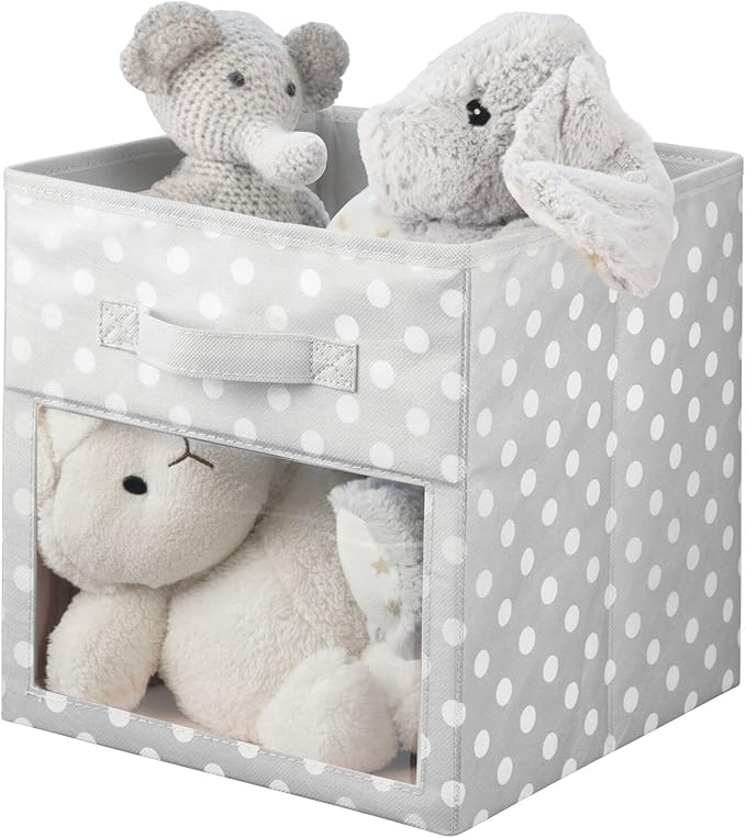 mDesign Fabric Nursery/Playroom Closet Storage Organizer Bin Box, Front Handle/Window for Cube Furniture Shelving Unit, Hold Toys, Clothes, Diapers, Bibs, 4 Pack, Gray/White Polka Dot