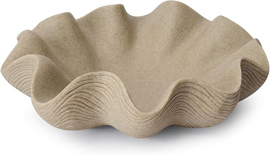 Large Decorative Bowl Home Decor - 12.6" Modern Resin Scalloped Ruffle Decorative Fruit Bowl for Kitchen Counter, Chic Key Tray for Entryway Table, Artificial Stone Beige