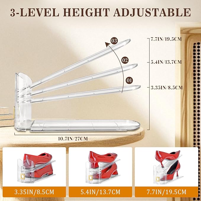 Shoe Slots Organizer for Closet, 8 Pack Shoe Stacker Organizer, Shoe Storage Space Savers 50%, 3 Levels Adjustable Shoe Racks for Closet Organization