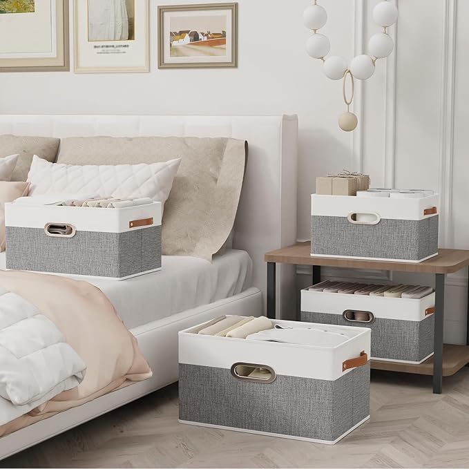 Yawinhe Foldable Storage Baskets for Shelves, Fabric Closet Organizers, Bins with 3 Handles, Cubes for Clothes, White/Grey, 15''Lx9.8''Wx8.3''H, 4-Pack