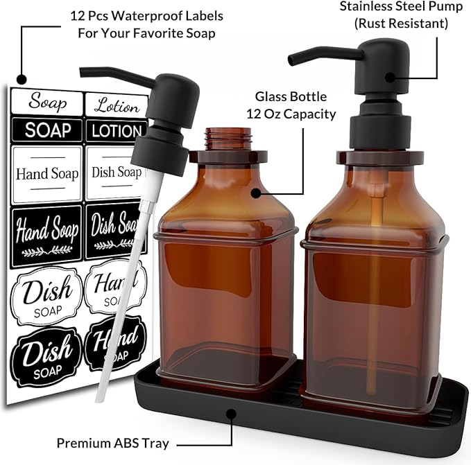 Soap Dispenser - 2 Pack, Antique Design Thick Amber Glass Hand Soap Dispensers with Sturdy Tray; 304 Rust Proof Stainless Steel Black Pump, 12Pcs Stickers, for Kitchen, Bathroom- Black