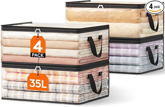 Lifewit 4 Pack Clear Clothes Storage Bags, 35L Plastic Vinyl Foldable Moving Bags with Zipper and Reinforced Handles, Closet Organizers and Storage Containers for Blanket, Sweaters, Coats, T-shirts