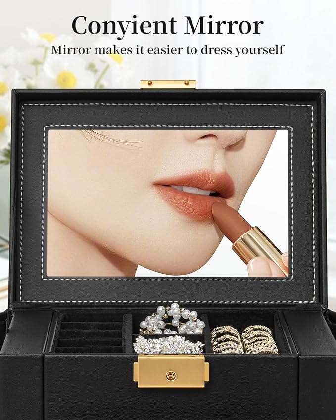 TORIBIO Jewelry Box for Women, Leather Jewelry Organizer with Mirror & Lock, 5-Tier Jewelry Storage Organizer with 4 Drawers for Girls/Women/Mothers, Necklace Earring Bracelets Holder Organizer