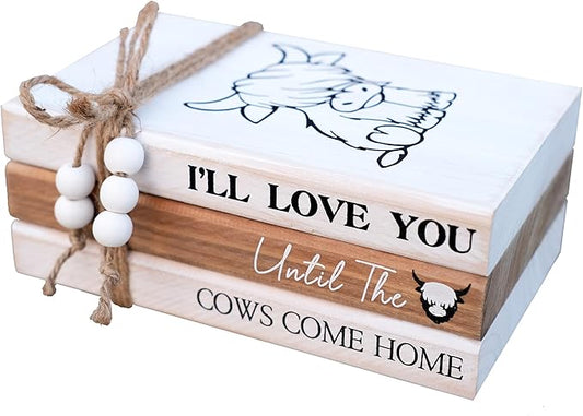 LIVDUCOT Highland Cow Wood Book Stacks Decor - Rustic Farmhouse Decorative Books Sign for Home Coffee Table Mantle Fireplace Shelf Decorations - I'll Love You Until the Cows Come Home 7.5x5x3'