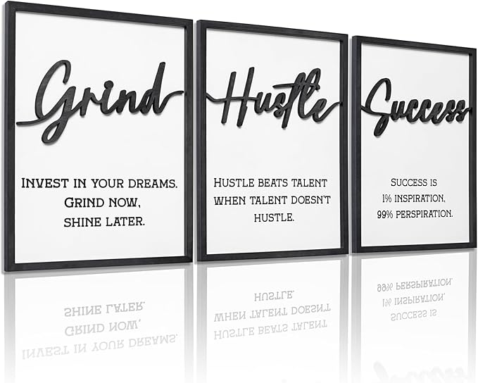 3D Wood Inspirational Office Wall Decor, 36" x 16" Framed Grind Hustle Success Motivational Wall Art, Positive Quotes Wall Art for Home Office Bedroom (Ready to Hang, Set of 3, Framed)