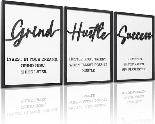 3D Wood Inspirational Office Wall Decor, 36" x 16" Framed Grind Hustle Success Motivational Wall Art, Positive Quotes Wall Art for Home Office Bedroom (Ready to Hang, Set of 3, Framed)