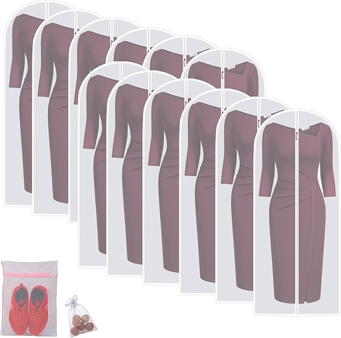 Garment Bags Clothes Storage Bag (Set of 12) Closet Cover for Open Closet Shirt Bags with Zipper for Suit, Sweaters Travel Laundry Wardrobe Closet Garment Dust Cover Bags (White 24'' x 54'')