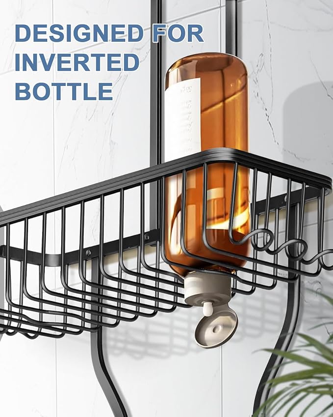 Shower Caddy Hanging - Never Rust Shower Hanging Organizer - Aluminum Over the ShowerHead Caddy with Soap Basket and 6 Hooks for Razor/Sponge (Black)