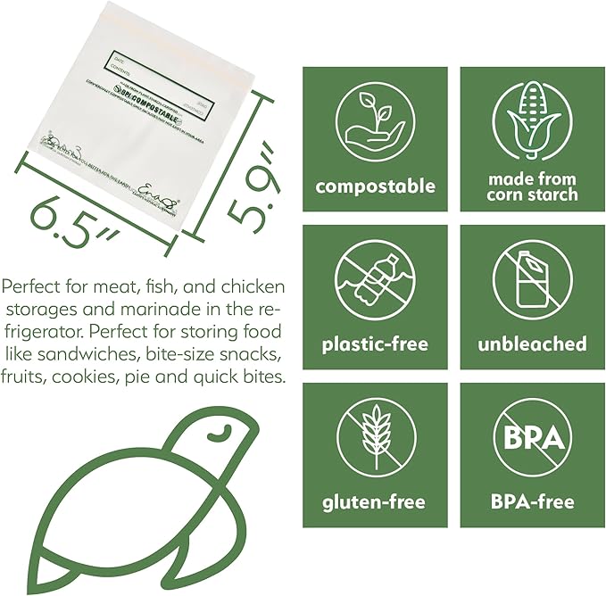 100% Compostable Food Storage Bags [Sandwich 150 Pack] Eco-Friendly Freezer Bags, Resealable Bags, Heavy-Duty, Reusable, by Earth's Natural Alternative, off white