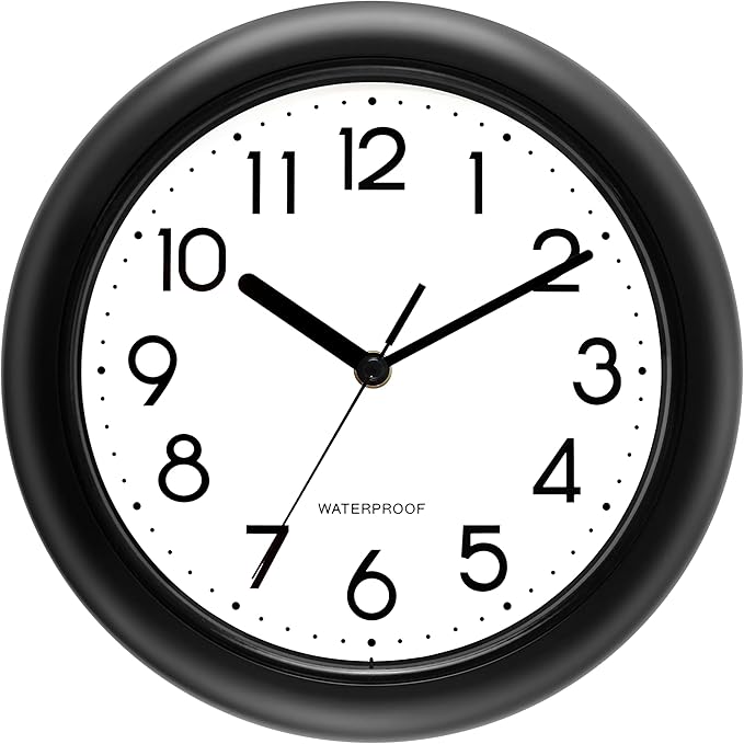Caysie 10 Inch Sealed Indoor Outdoor Clock Waterproof, Silent Battery Operated Weatherproof Wall Clocks for Pool Patio Outside Home (Black)