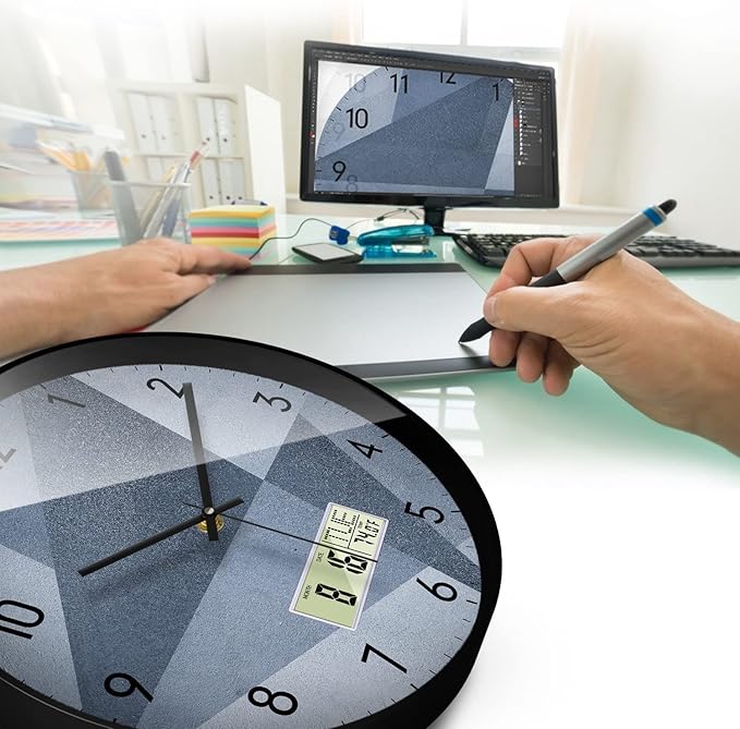 SCAOGE Industrial Wall Clock with Day Week Temperature Grayish Blue Non-Ticking Digital Clocks Large Display Battery Operated Wall Mount Analog Clock with Date for Living Room Bedroom Decor 12 Inch