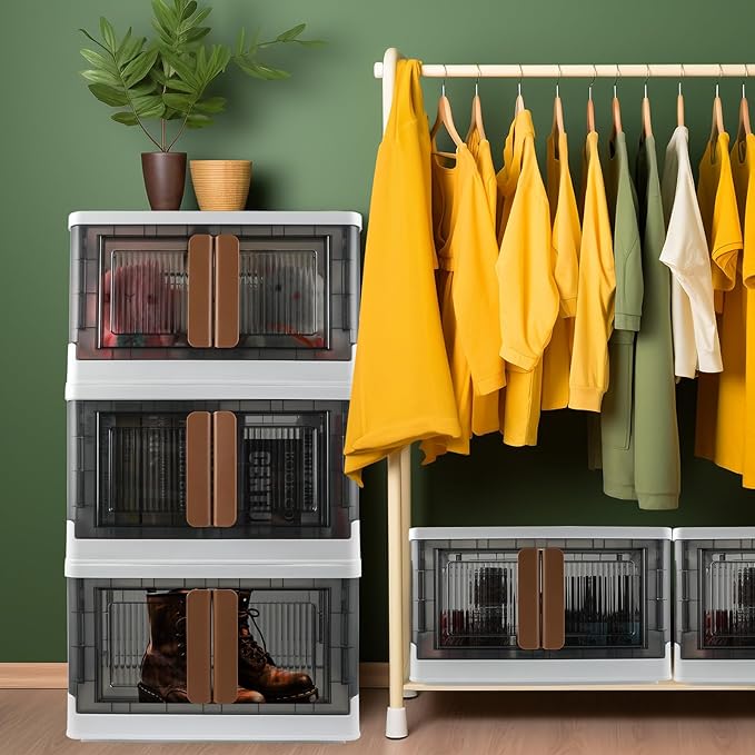 Storage Bins, Plastic Cabinet, 8.4 Gallon Capacity (32L Per One), 4 Pack, Stackable Collapsible Drawer, with Door and Buckle, Organizer for Home and Office, Transparent