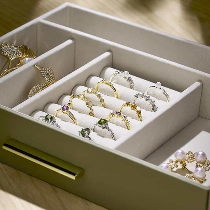 Jewelry Box Organizer Case for Women: 3-Layer Jewelry Storage Case with Glass Window, Olive Green Leather with Cream Velvet, Holder for Ring Necklace Bracelet Brooch Watch, Great Gift for Her