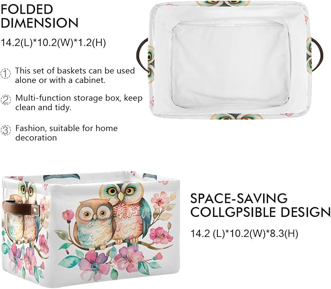 Large Storage Basket Cute Owl Couple Flowers Storage Bin Cube Canvas Fabric Organizer Handles Collapsible for Clothes Toys Bedroom Decorative