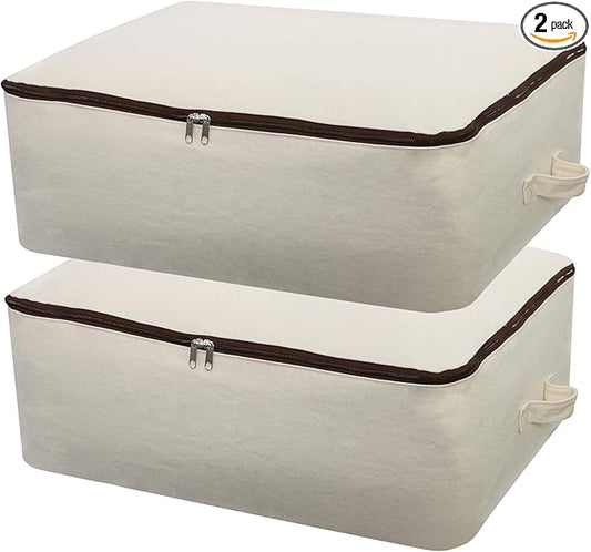 2PCS Canvas Storage Bag, 12OZ Thick Soft Breathable Closet Organizer for Beddings, Comforters, Pillows, Blankets, Clothes, 25.6×18.5×8.7inch, Beige