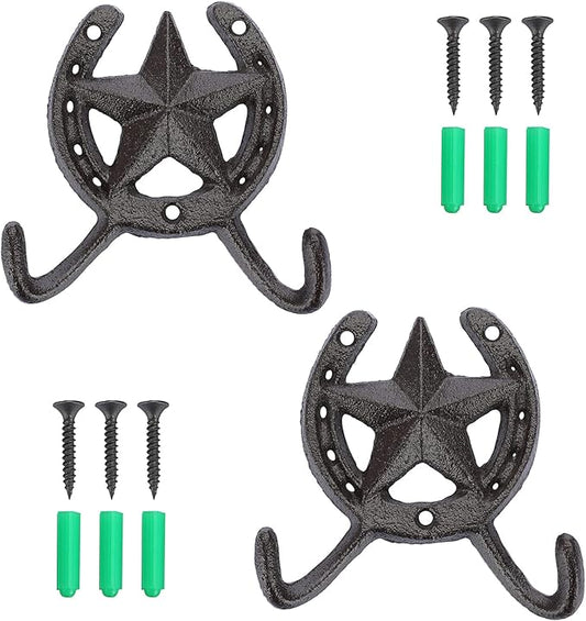 JUXYES Pack of 2 Cast Iron Lucky Horseshoe Wall Mounted Hook Heavy Duty Rustic Country Wall Coat Hook Star Decorative Hook Farmhouse Horse Shoe Vintage Towel Hook for Hats Coats Keys