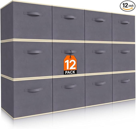 Lifewit 12 Packs Storage Cubes, 11 Inch Cube Storage Bins, Foldable Decorative Fabric Storage Baskets for Organizing Home Organizers with Handles for Shelves, Closet, Grey