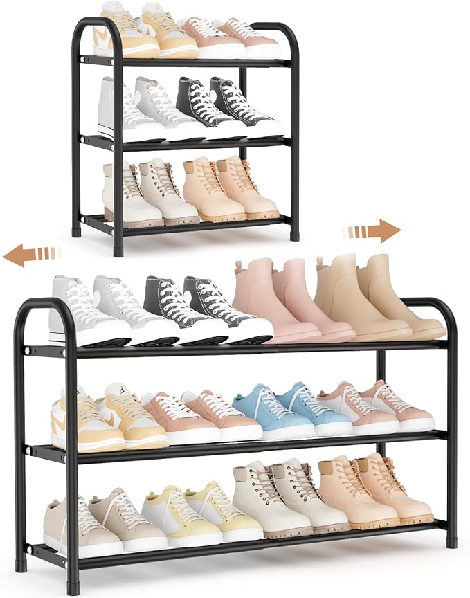 Expandable Shoe Rack for Closet, 18"-32" Metal Shoe Rack for Entryway 3-Tier Adjustable Width Free Standing Shoe Shelf 12 Pairs Small Shoe Organizer for Front Door Garage Bedroom Dorm, Black