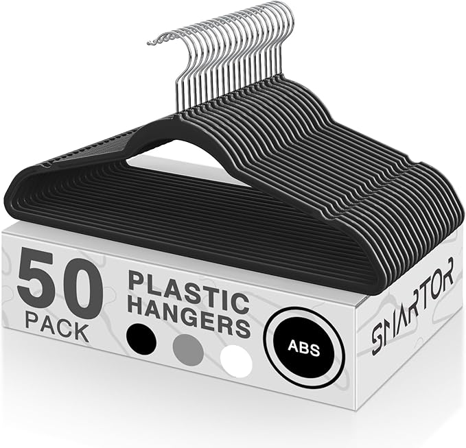 SMARTOR Plastic Hangers 50 Pack, Heavy Duty Plastic Hangers for Clothes - Non-Velvet Slim Hangers with 360° Swivel Hook & Clothes Thin Hanger - Durable Coat Hangars, Space Saving Hanger - Black