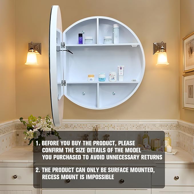 30 inch Round Medicine Cabinet with Lights,Led Medicine Cabinet with Defogger,Illuminated Mirror Cabinet for Bathroom,Dimmable,Defogger,3 Color Temperature 3000k-6500k White