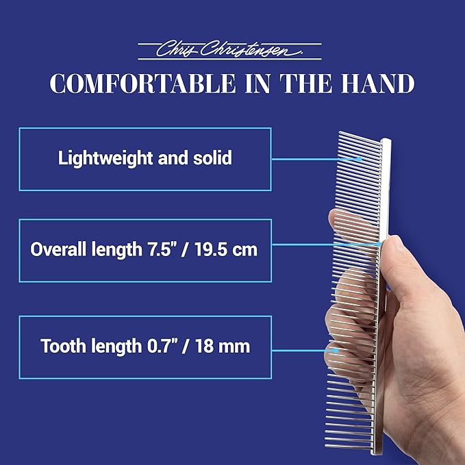 Chris Christensen 000 7.5 in. Greyhound Style Fine/Coarse Colored Butter Comb, Groom Like a Professional, Rounded Corners Prevent Friction and Breakage, Solid Brass with Steel Teeth, Chrome Finish