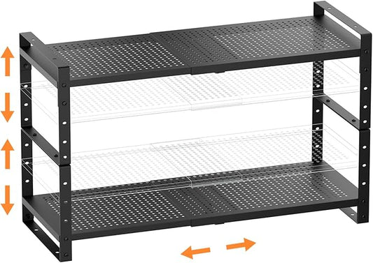 Multi-Functional Metal Shoe Rack,Expandable Adjustable Stackable Kitchen Organizer,Metal Shelf risers for cabinets, Kitchens and Closet, Bathroom(2Packs/Black/Medium)