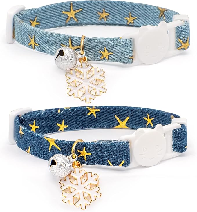 2 Pack Cotton Breakaway Cat Collar with Bell Dark Blue & Light Blue White Snowflake Pendant Cute Kitten Cat Collar Suitable for Girls and Boys