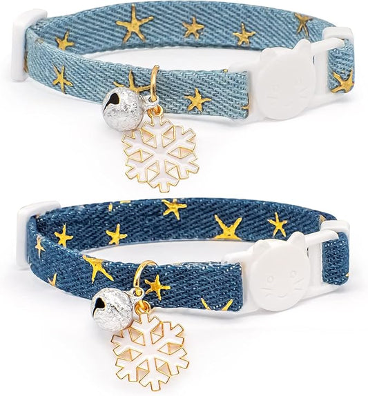 2 Pack Cotton Breakaway Cat Collar with Bell Dark Blue & Light Blue White Snowflake Pendant Cute Kitten Cat Collar Suitable for Girls and Boys