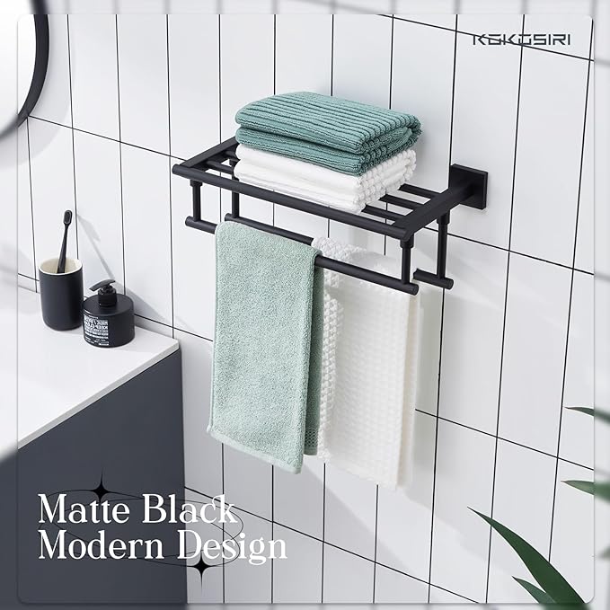 KOKOSIRI Bath Towel Rack with Double Towel Bars 16-Inch Bathroom Towel Shelves Towel Holder Wall Mounted Stainless Steel, Matte Black, B6005BK-L16