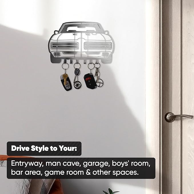 MOOH Metal Automotive Key Holder with 6 Hooks - Unique Wall Mounted Car Lovers Gifts for Men & Women - Cool Man Cave Decor (Pontiac GTO 1969, Stainless Steel)