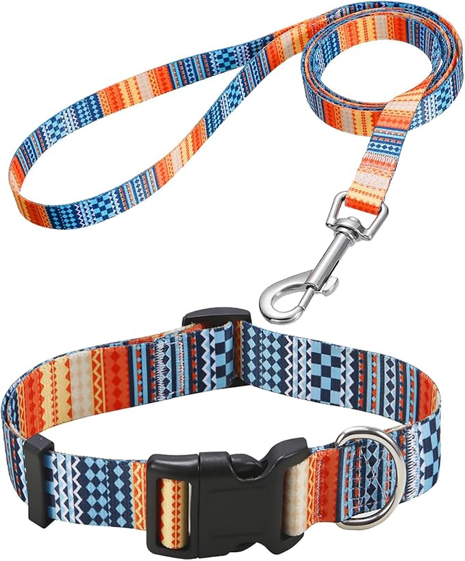 Dog Collar and Leash Set with Bohemia Floral Tribal Geometric Patterns - Soft Ethnic Style Collar Adjustable for Small Medium Large Dogs(Bohemian Orange Set,L)