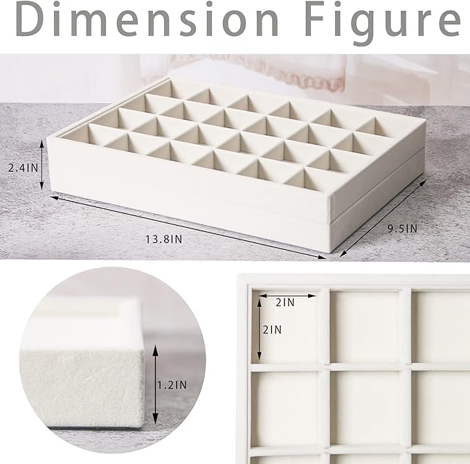 Coward 2PC Stackable 24 Gird Jewelry Organizer Tray Necklace Earring Box Storage Drawer Ring Bracelet Display Holder (beige(24grid+24grid))