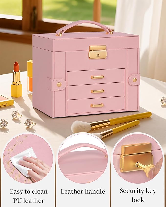 TORIBIO Jewelry Box for Women, Leather Jewelry Organizer with Mirror & Lock, 4-Tier Jewelry Storage Organizer with 3 Drawers for Girls/Women/Mothers, Necklace Earring Bracelets Holder Organizer