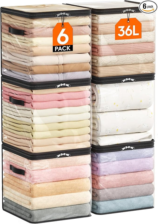 Lifewit 6 Pack Clear Clothes Storage Bags, 13 Inch Clear Cube Storage Bins, 36L Vinyl Foldable Moving Bags with Zipper, Storage Container for Sweater Sheets Yarns