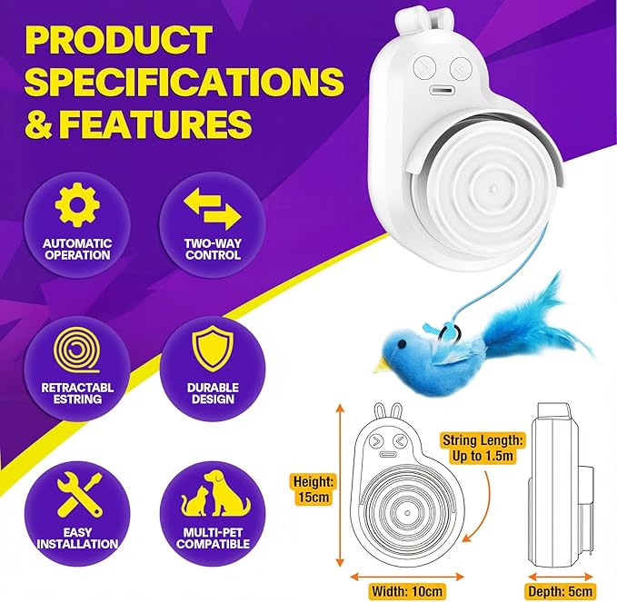 Interactive Cat Toys for Indoor Cats: Automatic Electric Flying Bird Feather & Mouse Wand, Rechargeable Electric Hanging Play Chase Exercise Moving Enrichment Toy for Bored Kittens and Adult Cats