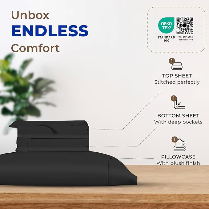 THREAD SPREAD 100% Egyptian Cotton Twin Size Sheet Set - 3 PC 600 Thread Count Egyptian Cotton Sheets Set for Twin Size Bed (Black), Soft, Cooling, Luxury Hotel 16" Deep Pocket Sateen Bedsheet