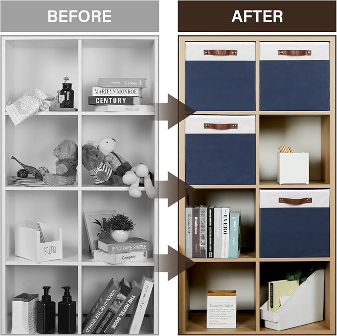 Temary Cube Storage Bins 4Pack Foldable Cube Baskets for Clothes Shelf Storage Basket with Handles, Storage Box Fabric Storage Organizer Bins for Home (White&Blue, 13x15x13 Inch)