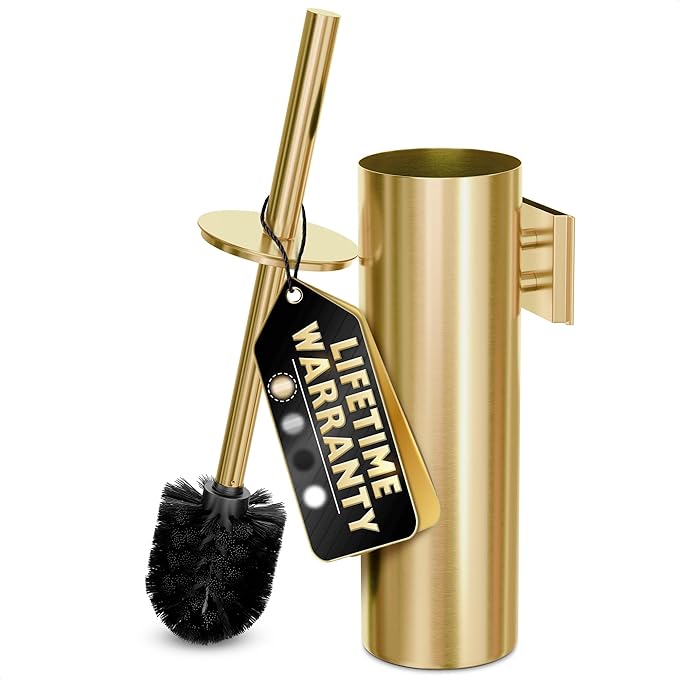 Gold Toilet Brush and Holder Set with Wall Mount - Modern Wall Mounted Toilet Brush Made from Corrosion-Resistant Stainless Steel - Removable Inner Bowl, Splash Protection & Dense Bristles Supplied