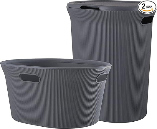 Superio Ribbed Collection - Decorative Plastic Laundry Basket & Laundry Hamper with Lid and Cut-Out Handles, Grey (Set of 2) Organzier for Bedroom Bathroom College Dorm Room