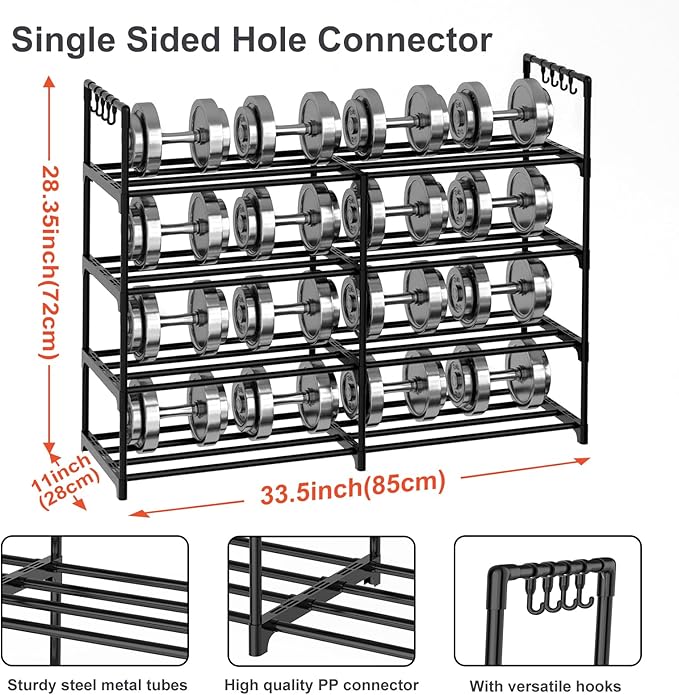2 Rows 4 Tier Shoe Rack, Black Metal Stackable Shoe Shelf with Multifunctional Hooks, Hold 16-20 Pairs, Space Saving Shoe Organizer for Closet, Bedroom