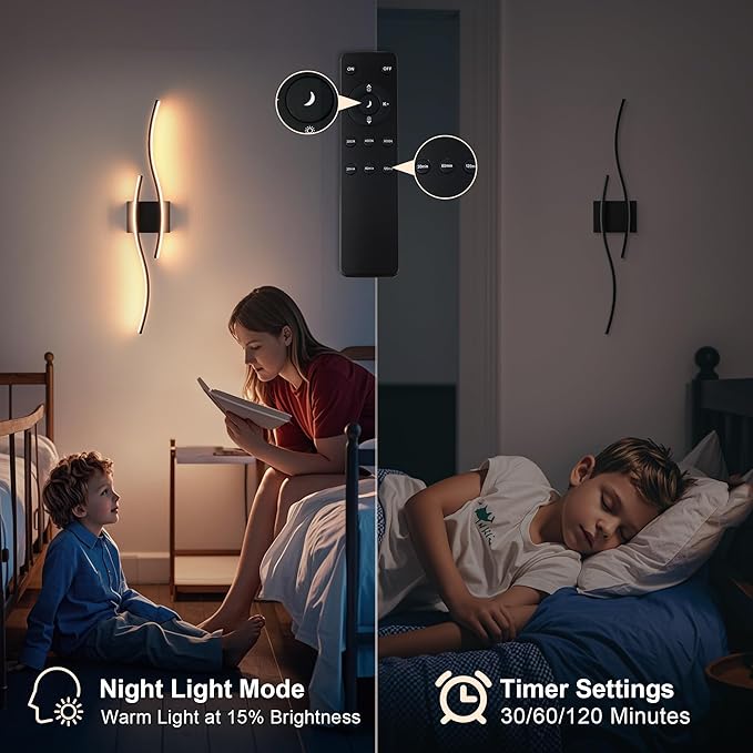 Battery Operated Wall Sconces Set of Two with Remote Control, Dimmable/3 Color/Night-Light/Timer/Memory, Black Modern Wireless LED Sconce for Living Room, Hallway, Bedroom, 27.5 Inch (2 Pack)