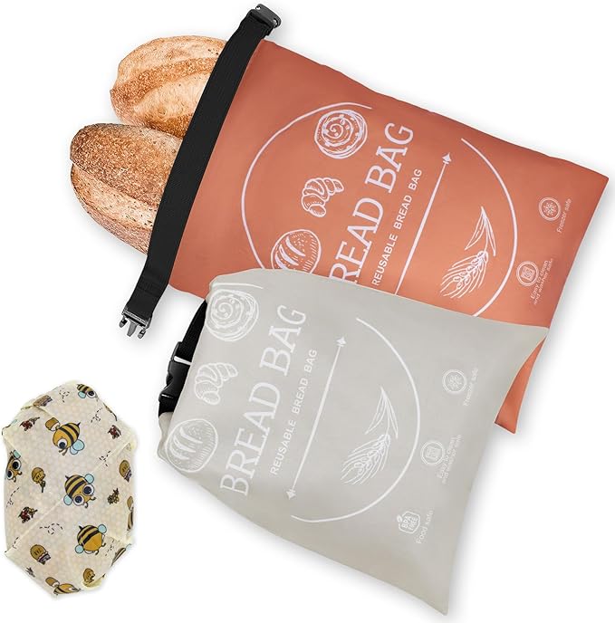 Bread Bags for Homemade with Beeswax Wrap - Zipper Reusable Bread Bag for Sourdough 2-Pack, Reusable Food Storage Bag to Keep Sourdough Fresh, Freezer-Safe, Eco-Friendly (Orange&Grey)