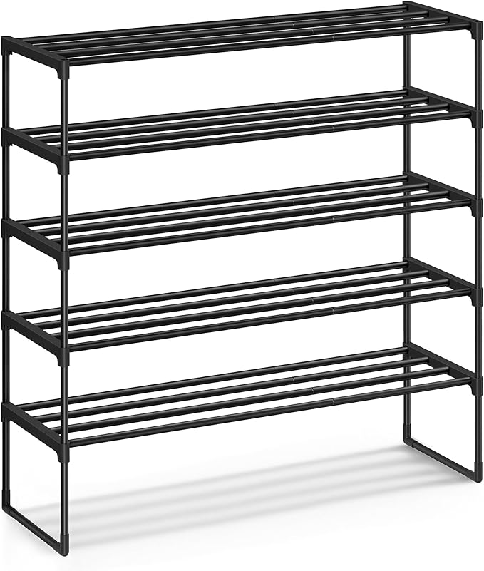 SONGMICS Shoe Rack, 5-Tier Shoe Organizer, Metal Storage Shelf, Upright or Upside Down, for 20-25 Pairs, Stackable, for Entryway, 11.8 x 36.2 x 35.4 Inches, Black ULSA305BH01