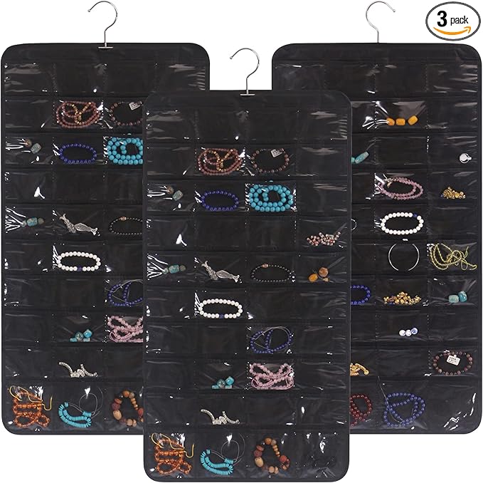 DIOMMELL 3 Pack Hanging Jewelry Organizer with 80 Pockets Jewelry Storage for Earrings Necklace Bracelet Ring Accessory, Black