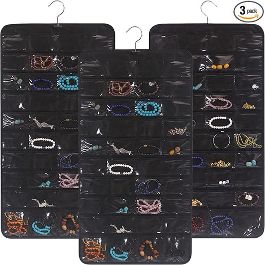 DIOMMELL 3 Pack Hanging Jewelry Organizer with 80 Pockets Jewelry Storage for Earrings Necklace Bracelet Ring Accessory, Black