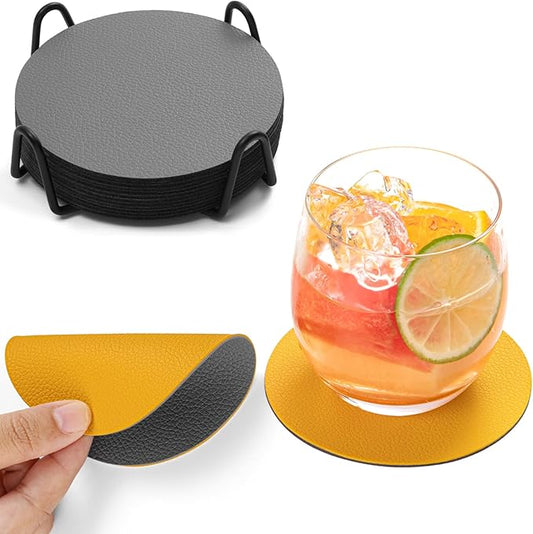 Drink Coasters with Holder, Faux Leather Coaster Sets of 12, Dual Sided for Coffee Cup Tabletop Protection Non-Slip Washable (Gray Yellow)