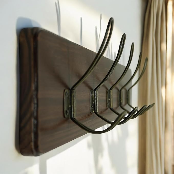 Wooden Coat Rack Wall Mount, 24" Pine with 5 Heavy Duty Antique Gold Hooks, Distressed Espresso Rustic Farmhouse for Entryway, Hallway, Bathroom, or Bedroom
